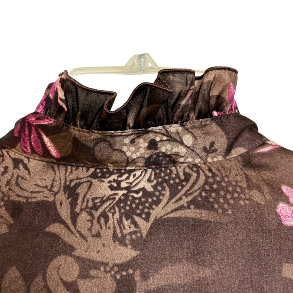 Agora Brown Floral Ruffle Collar Long Sleeve Blouse Size M Regency Cottagecore - Picture 7 of 9